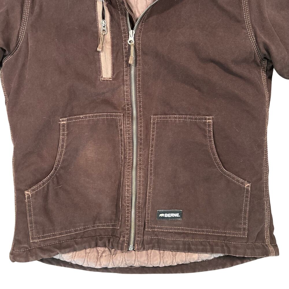 Vintage Women’s Bernie Quilted Lined Canvas Jacket Hooded Work Wear Brown Sz M - Picture 2 of 5